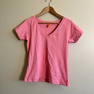 LUCY RIBBED PINK‎ TOP V NECK SHORT SLEEVE TEE SHIRT ATHLETIC YOGA WOMENS …